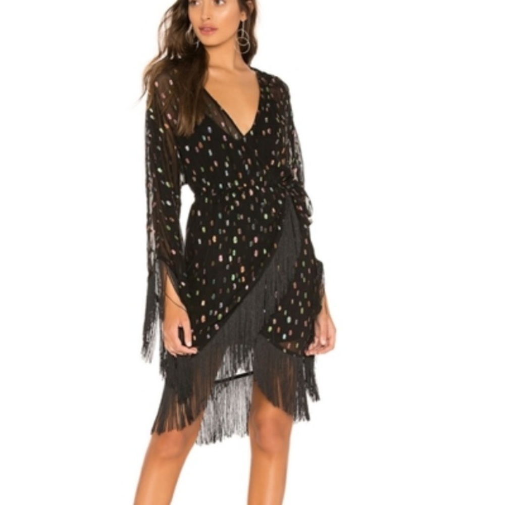 Revolve x Michael Costello Dot Dress Fringe Black Sheer Kimono Gypsy